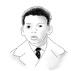 Black and white line drawing of a person wearing a coat and tie.