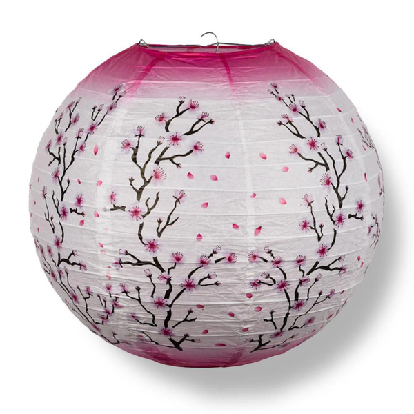 Round paper lantern with cherry blossom design on a white background