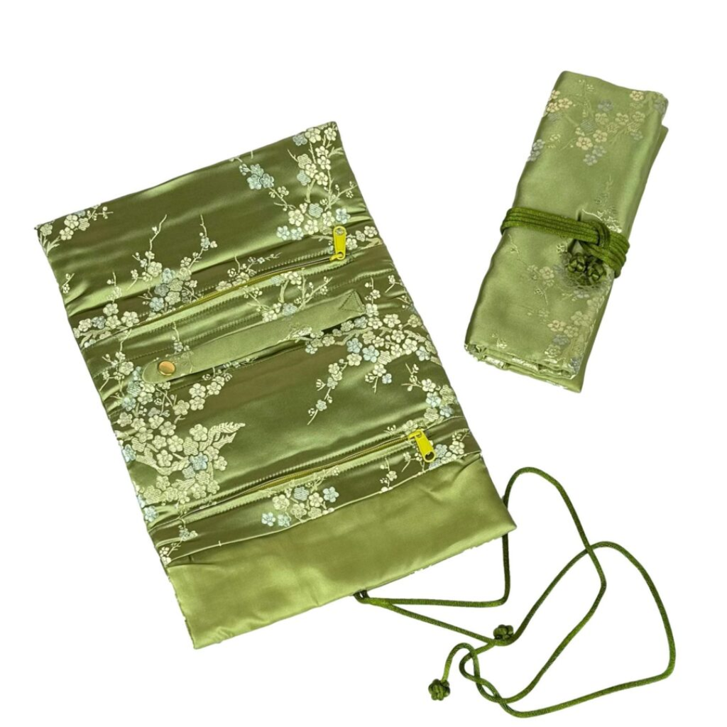 Floral Brocade Jewelry Roll - Green with Cherry Blossoms