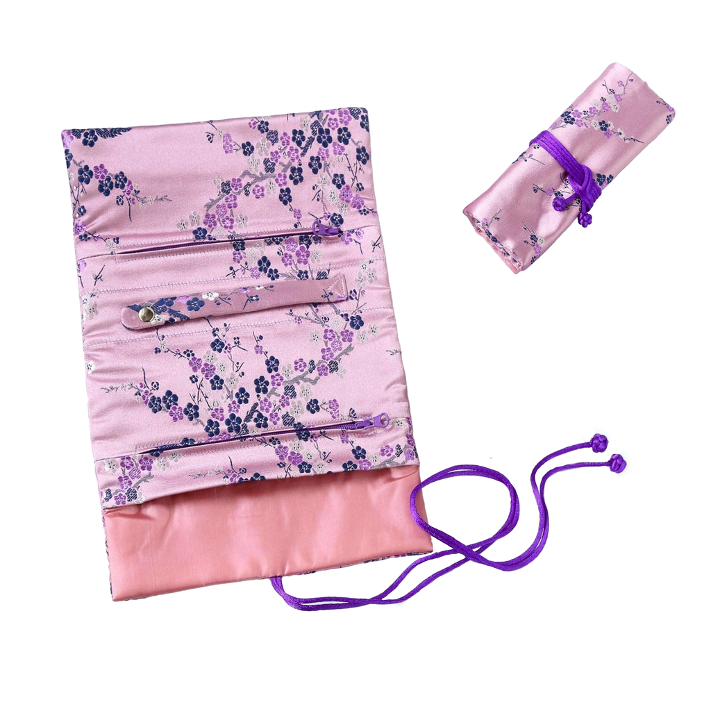Floral Brocade Jewelry Roll - Pink with Cherry Blossoms