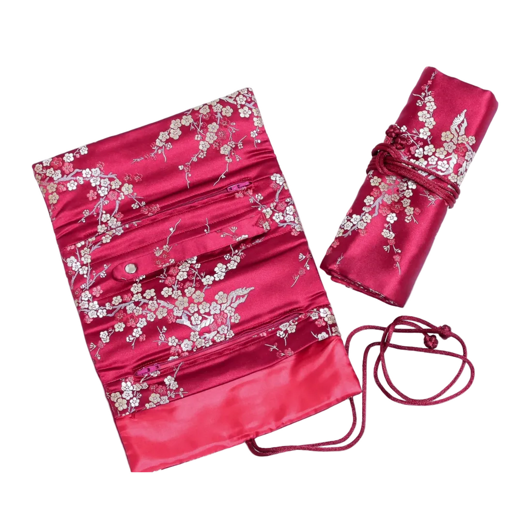 Floral Brocade Jewelry Roll - Red with Cherry Blossoms