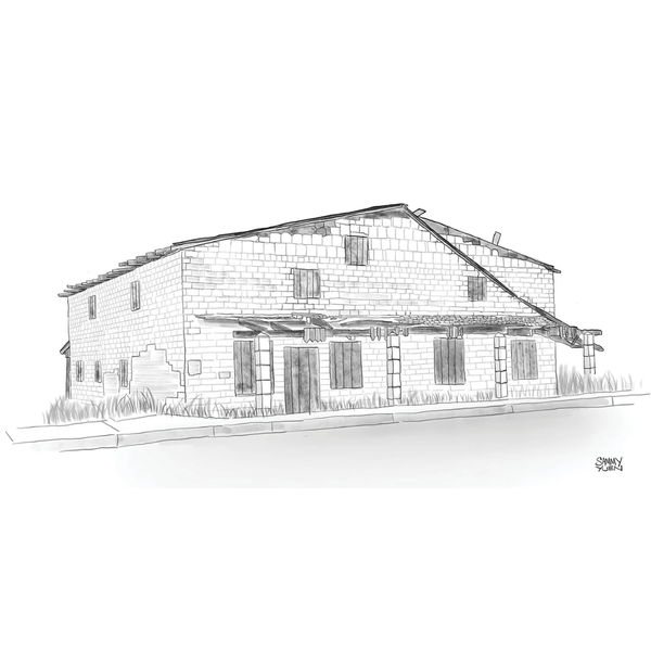 Black and white line drawing of a two-story house with a sloped roof.