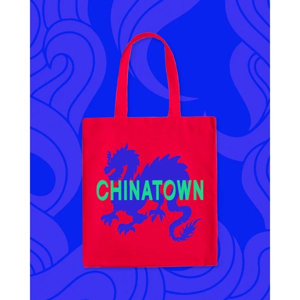 Red tote bag with blue dragon and "Chinatown" in green