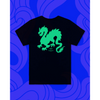 Back of black T-shirt with green dragon design 