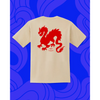Back of white T-shirt with red dragon design 