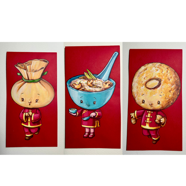 Three cartoon illustrations of a dumpling, bowl, and cookie on red backgrounds