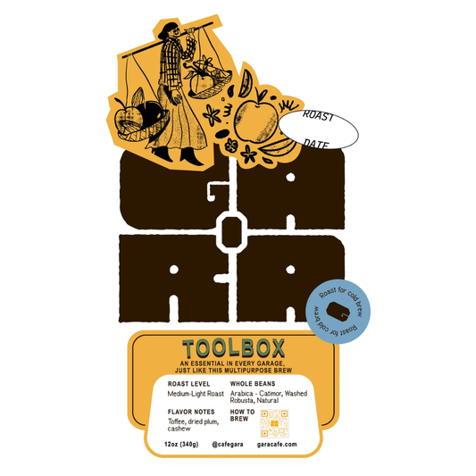 Gara Coffee label with cartoon person and fruit and text