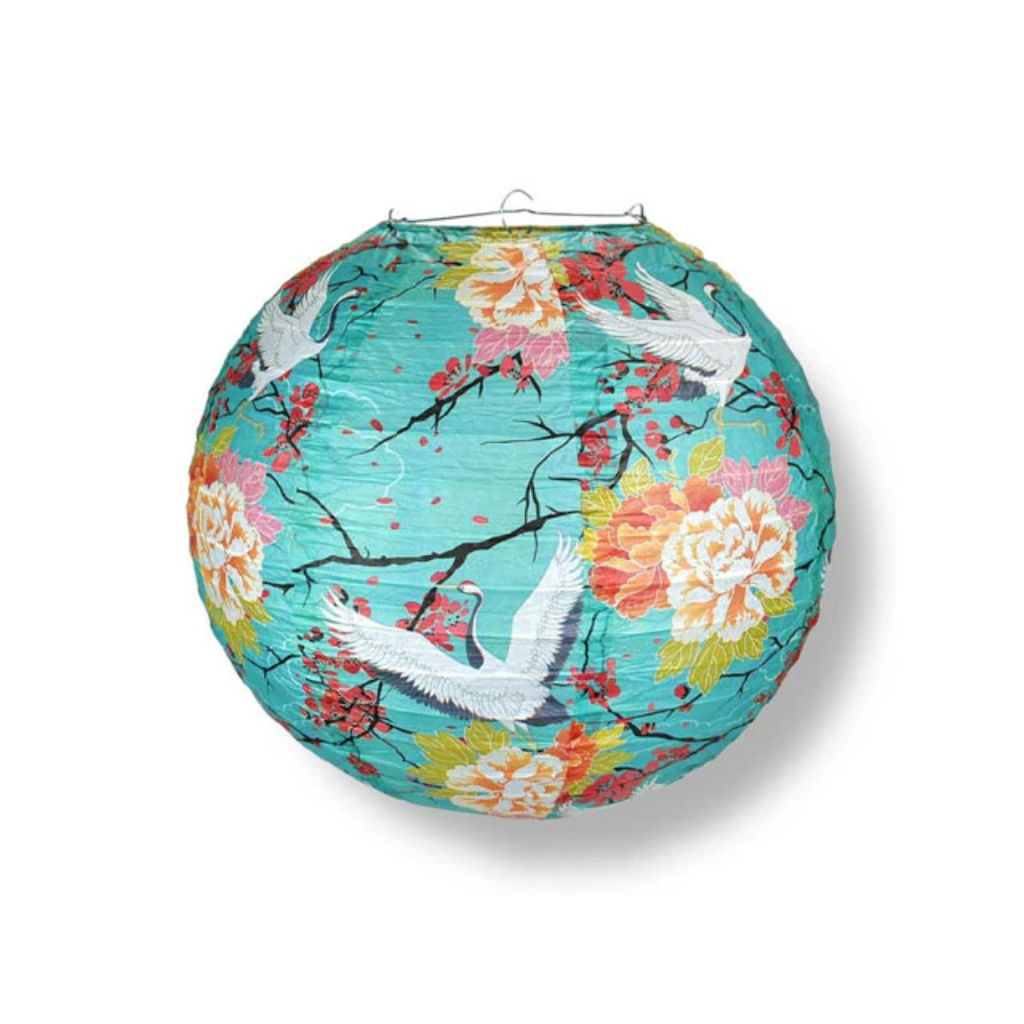 Crane and Floral Print Paper Lantern - 14 in.