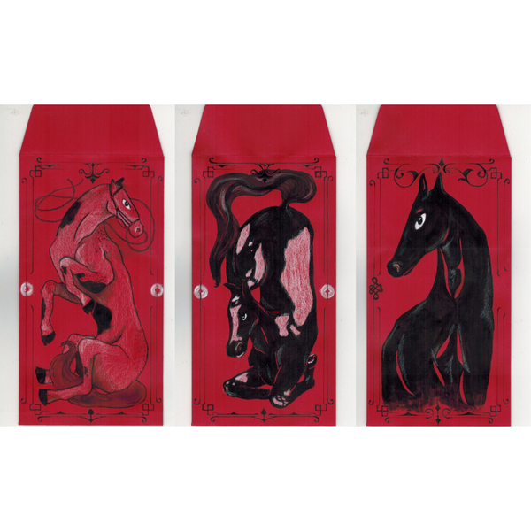 Three red envelopes with black horse illustrations on a white background