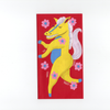 Envelope with a colorful horse design on a red background