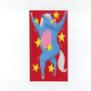 Colorful illustration of a blue horse with stars on a red background