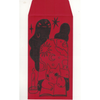 Red envelope with black illustrations of a cat, a book, and a creature on a white background