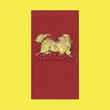 Gold horse illustration on a red background with a yellow border