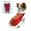 Plush dog wearing red and gold brocade vest lined with fur