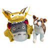 Head of dog's dragon outfit on Totoro plushie with plushie dog