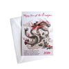 Year of the Dragon card with ink wash dragon, stamp design, Chinese characters, and English inscription. Lucky dragon with quote.