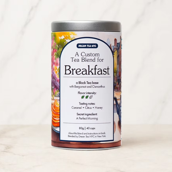 Canister of Dream Tea NYC Breakfast blend on marble background
