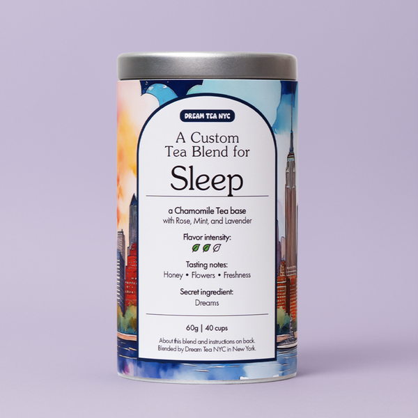 Canister of Dream Tea Sleep tea on gray background