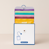 Colorful tea bags in a white and blue box