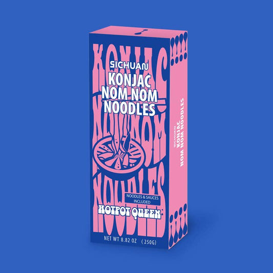 Box of Sichuan Konjac Nom Nom Noodles on a blue background