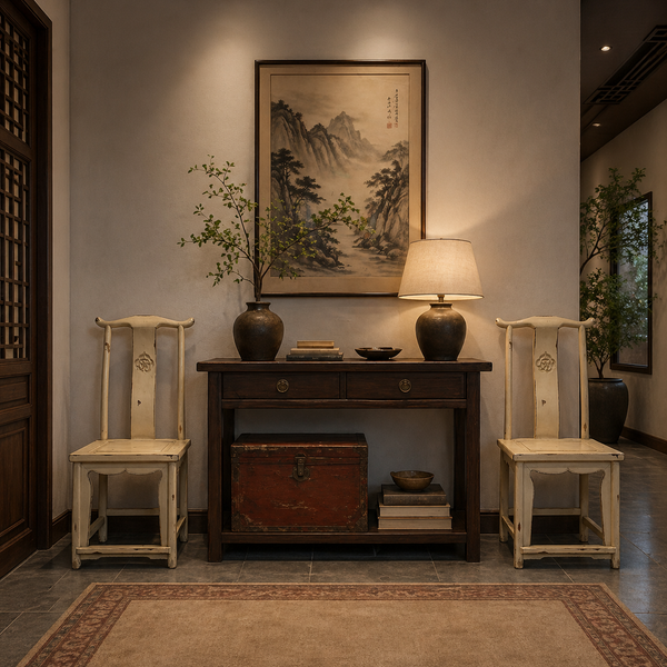 Traditional Chinese interior with wooden furniture, lamp, and artwork on a wall.