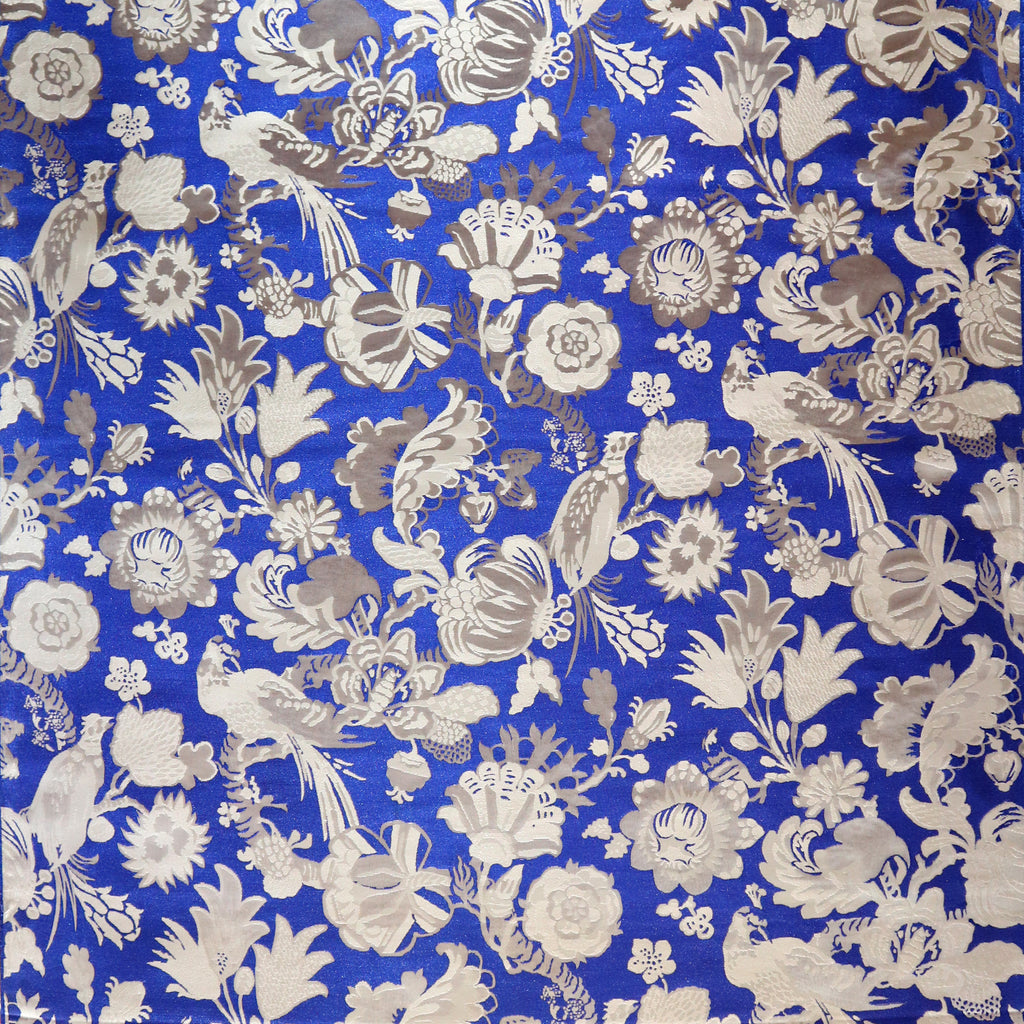 Blue on Silver Pheasant and Flower Brocade Fabric