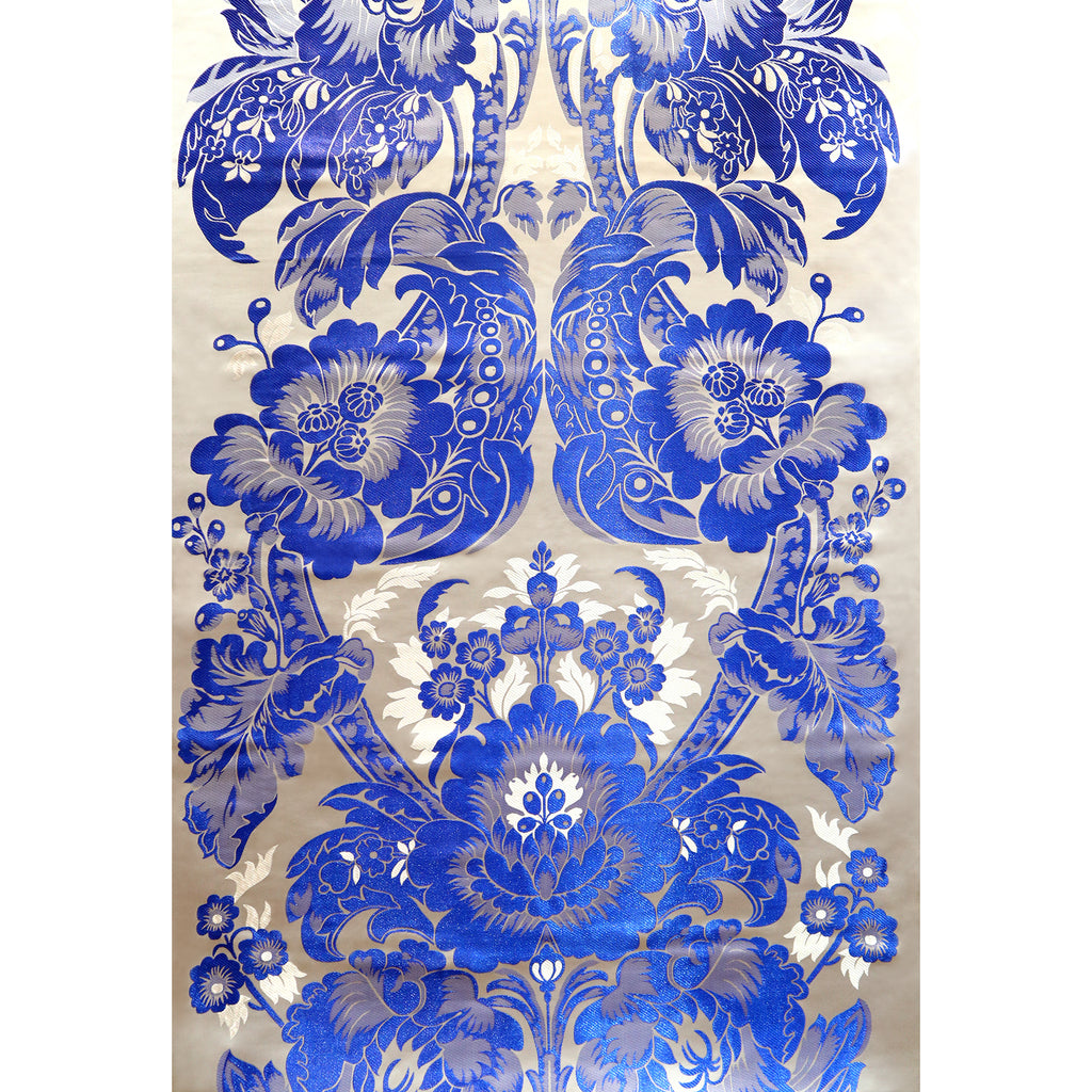 Blue on Silver Floral Design Brocade Fabric