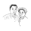 Black and white line drawing of two people standing close together.