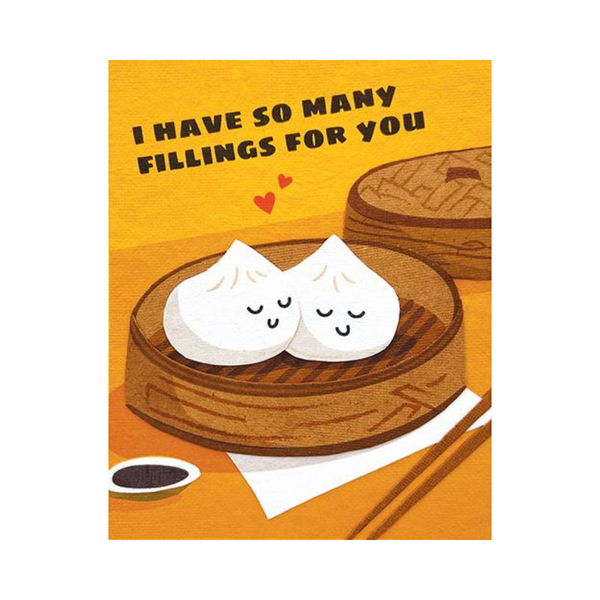 card with dumpling in a steamer basket