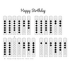 Sheet of musical notes with black and white circles for a birthday card design.