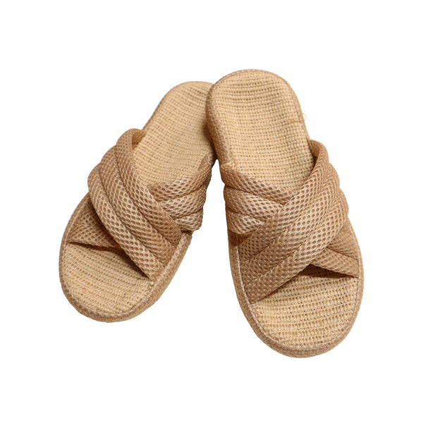 Women's Slide Sandal with Fabric Cross Strap - Beige