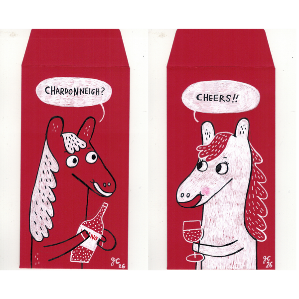 Two red envelopes with cartoon horses and speech bubbles on a white background