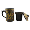 Brown mug with gold dragon design, infuser, and matching lid on a white background