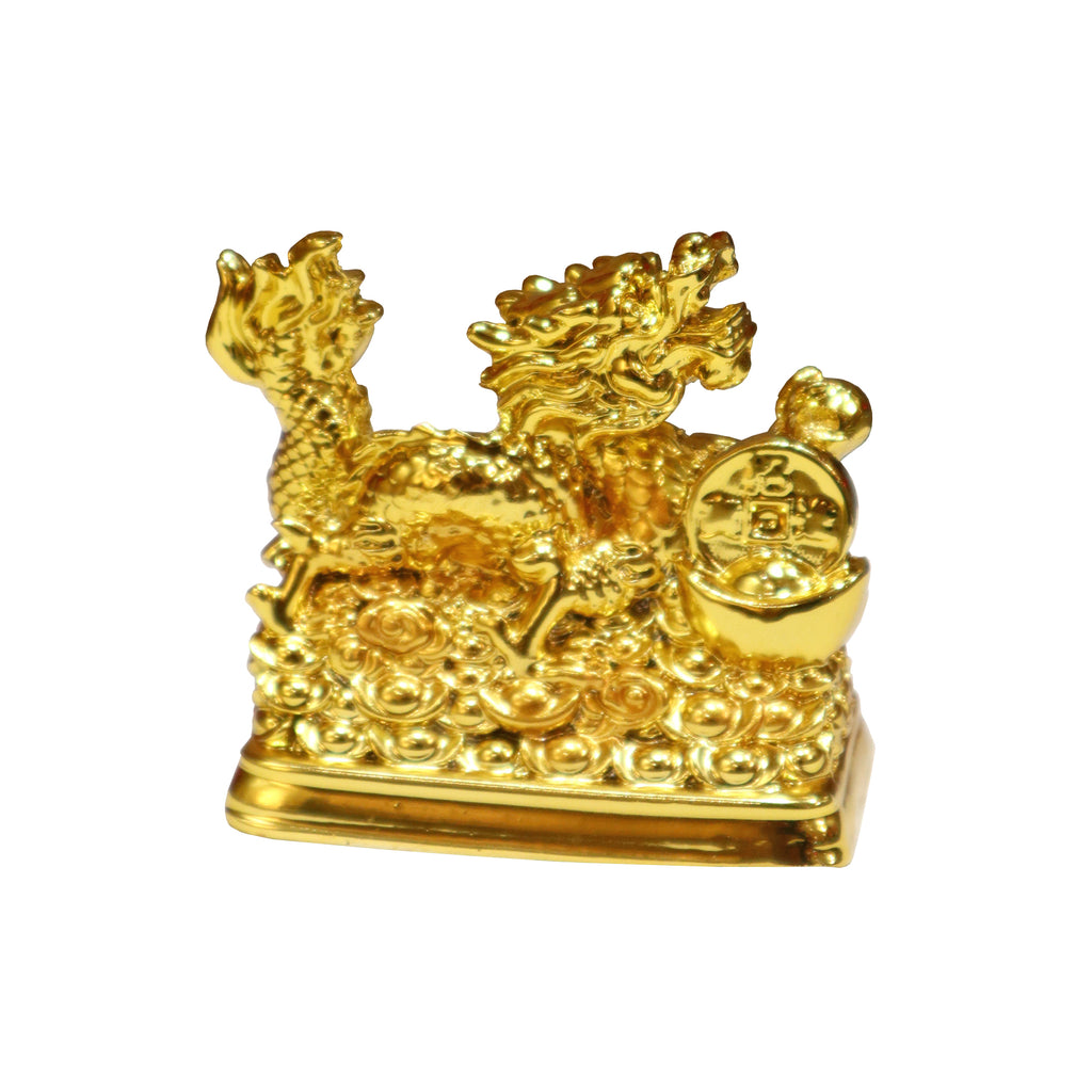 Gold Color Dragon Figurine with Ingots and Lucky Coin