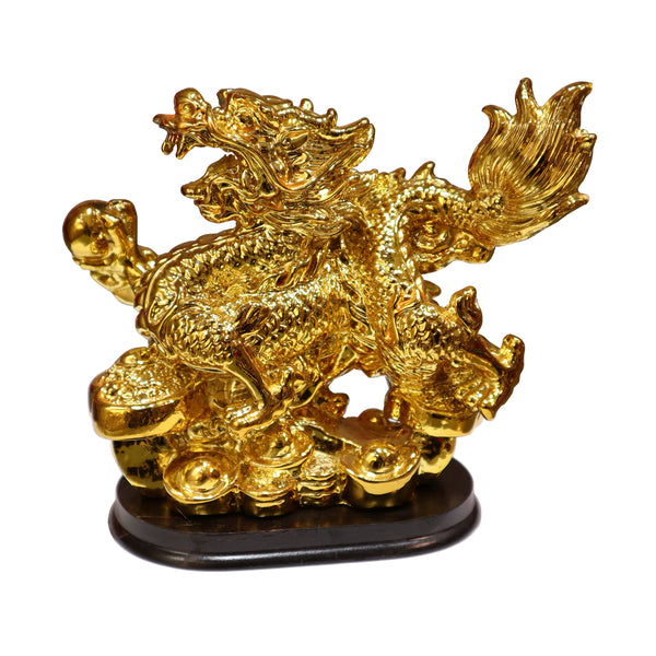 Gold Color Dragon Figurine with Ingots on Stand
