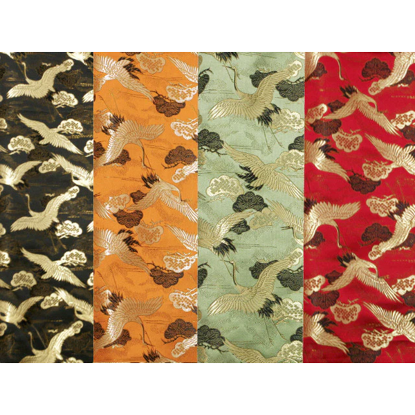 Golden Crane Design Silk Rayon Brocade. From left to right: black, orange, sage, and red. Only black and red are available