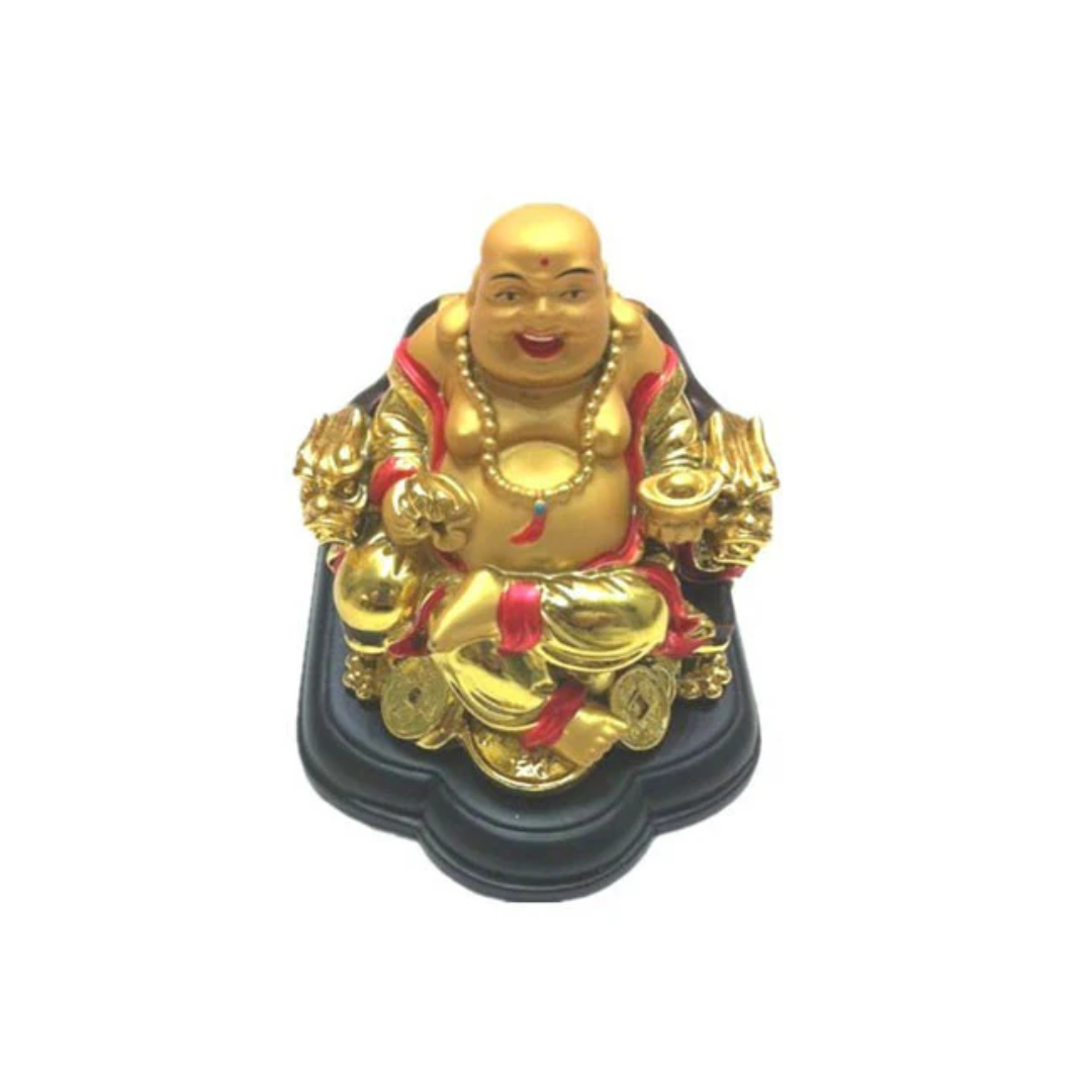 Feng Shui Laughing Buddha Statue - Happy Money Buddha Sitting On Dragon Chair, Gold