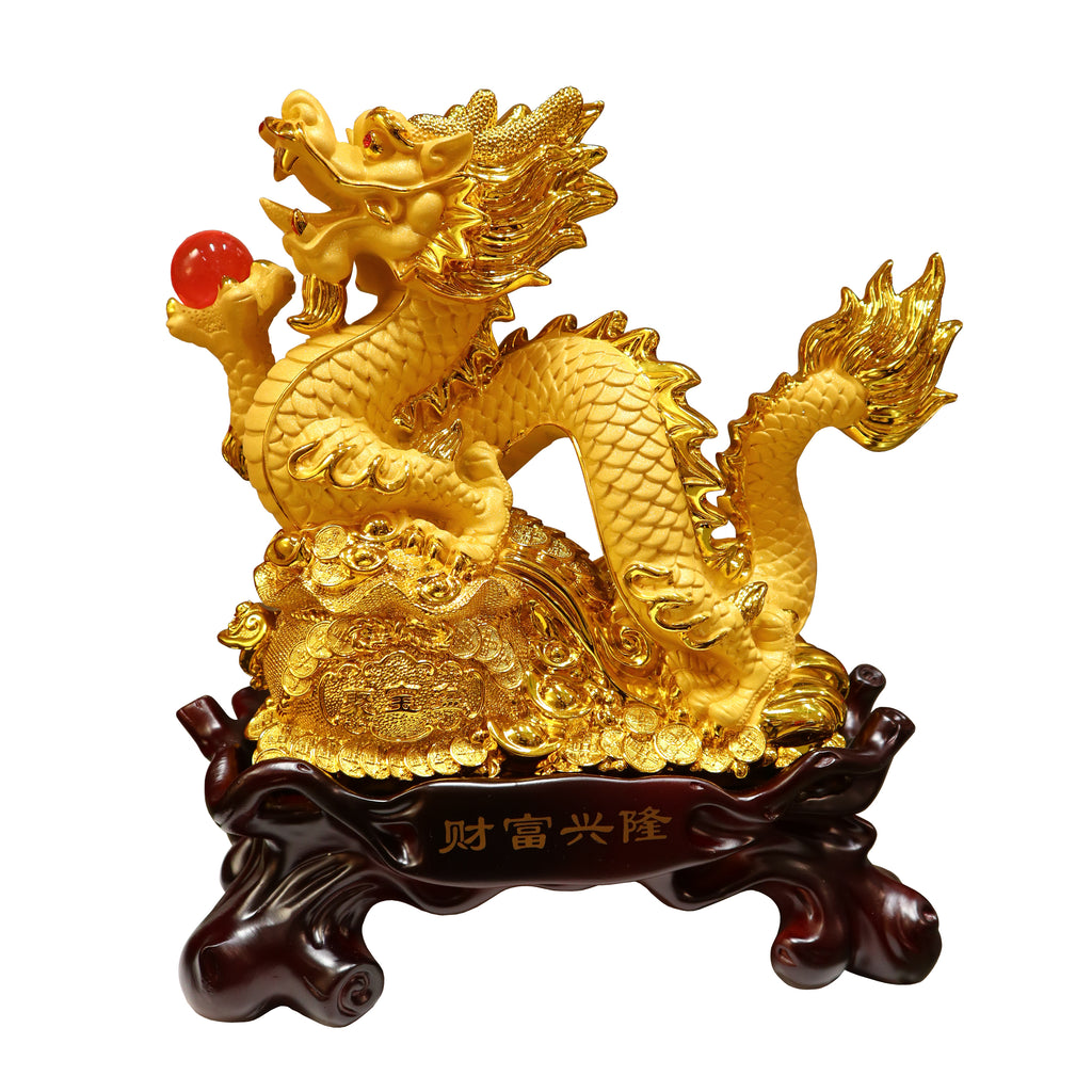 Gold Color Water Dragon Figurine with Ingots, Lucky Coins, and Red Pearl on Stand