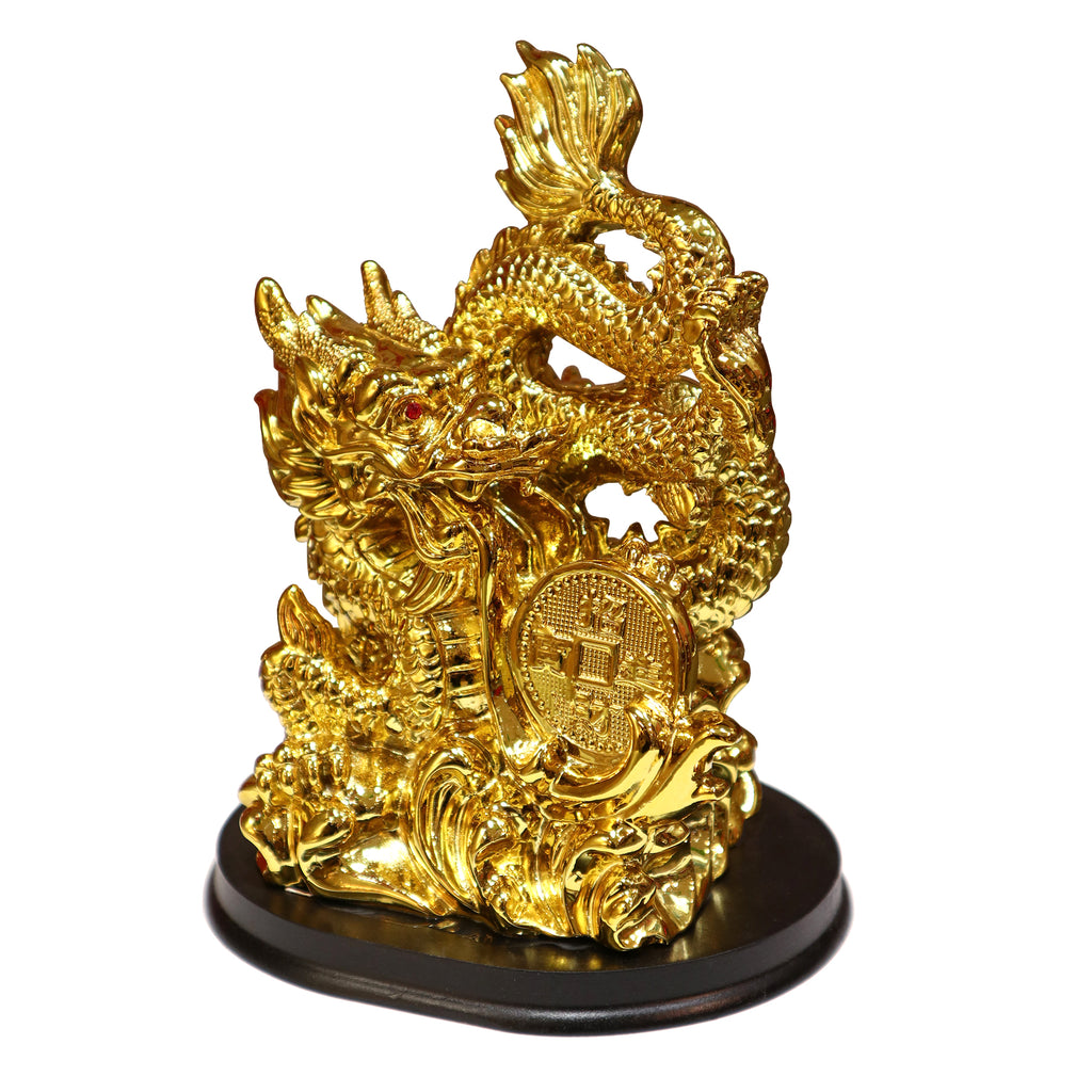 Gold Color Water Dragon Figurine with Lucky Coin on Stand