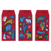 Three red envelopes with colorful animal illustrations on a white background