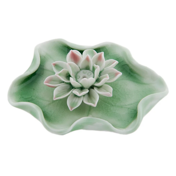 Ceramic Lotus on Lily Pad Incense Holder - Green
