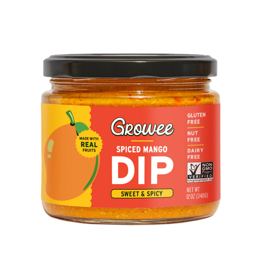 Jar of Growee Spiced Mango Dip on a white background