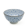 Ceramic bowl with blue geometric pattern on a white background