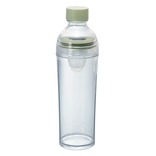 A clear glass water bottle with a light sage green cap and matching inner filter cone, shown on a plain white background.