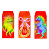 Three colorful red envelopes with horse designs on a white background