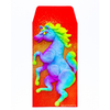 Colorful unicorn illustration on a red background