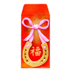 Red envelope with gold horseshoe and pink bow on a white background