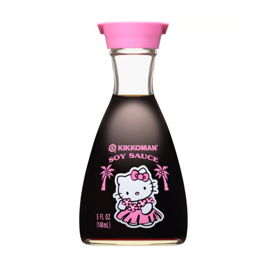 Kikkoman soy sauce bottle with Hello Kitty design on a white background