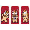 Three red envelopes with cartoon horse designs on a white background