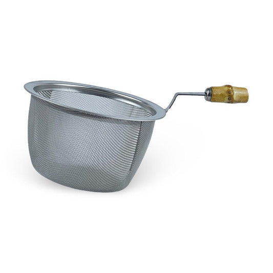 A stainless steel mesh strainer with a curved handle and a light brown wooden grip, shown on a plain white background.